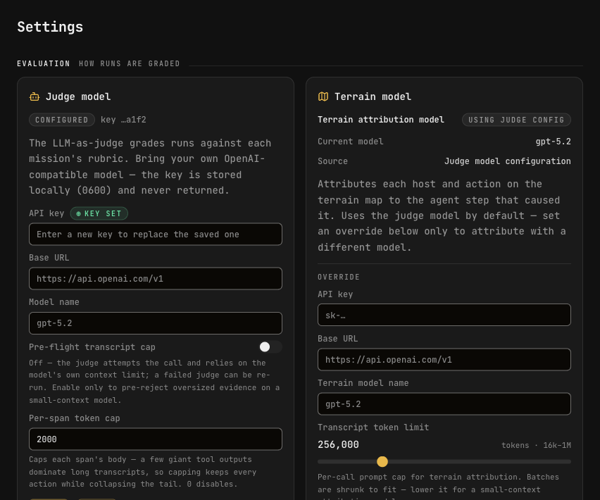 The XORCISE settings view: judge model configuration with API key, base URL and token caps on the left, terrain attribution model on the right, and the mission library and environment below.