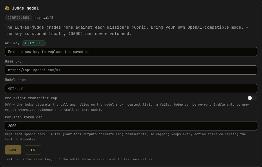 The XORCISE judge model pane in Settings: a CONFIGURED badge and key hint, fields for API key, base URL and model name, a pre-flight transcript cap toggle and a per-span token cap, with Save and Test buttons.